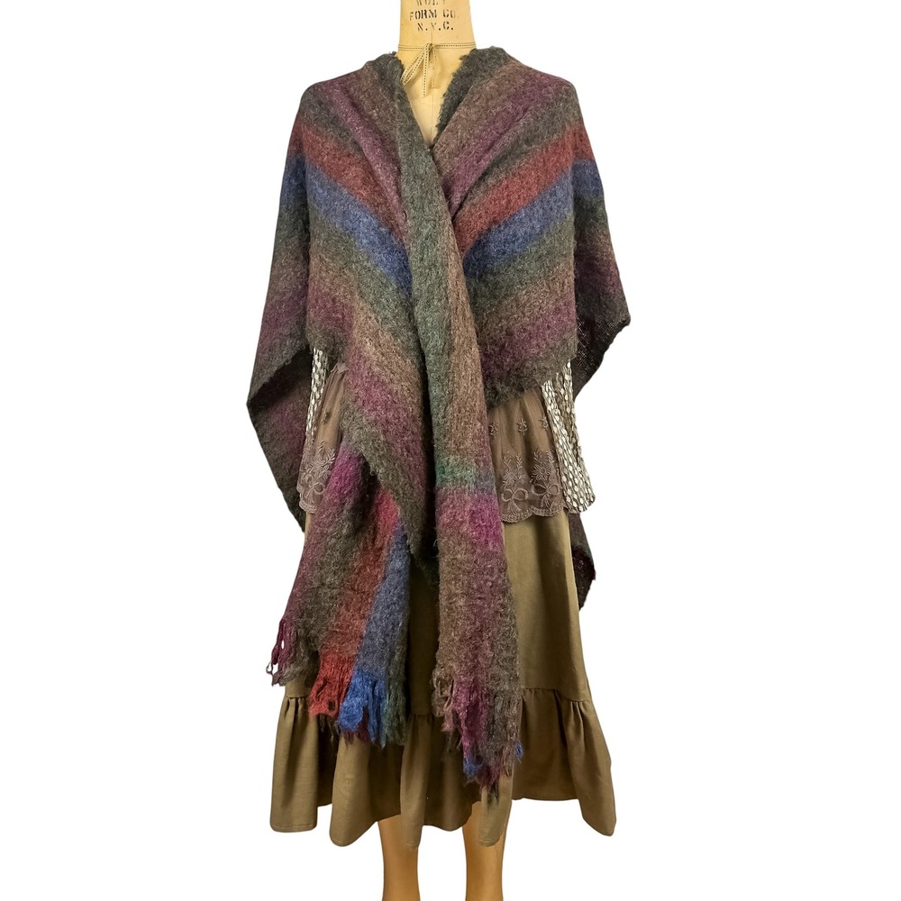 Vintage Plum Striped Mohair Fringe Shawl Wrap Ruana Whimsigoth Witchy Size OS